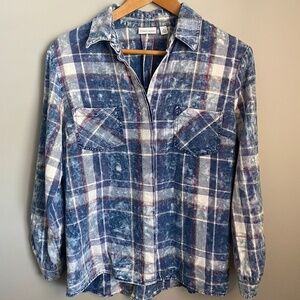 Tribal Jeans Women's Blue Acid Wash Plaid Long‎ Sleeve Button Up Shirt Size Med